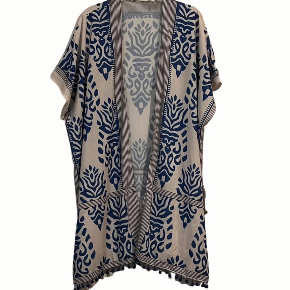 Unbranded Kimono Blue and White Ethnic Print Stripe Pom Pom no Fringe One S…